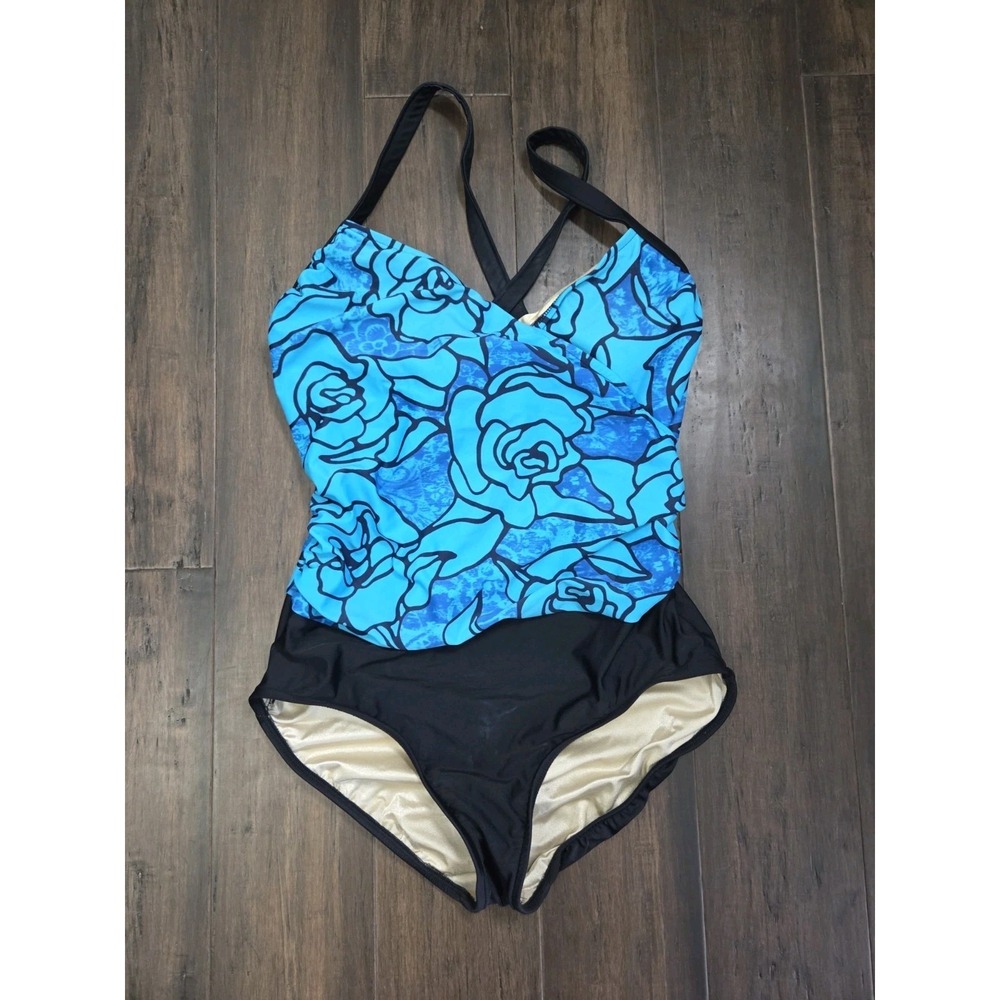 Vintage Carol Wior Two Toned Blue Floral Black One Piece Swimsuit Plus Size 18W